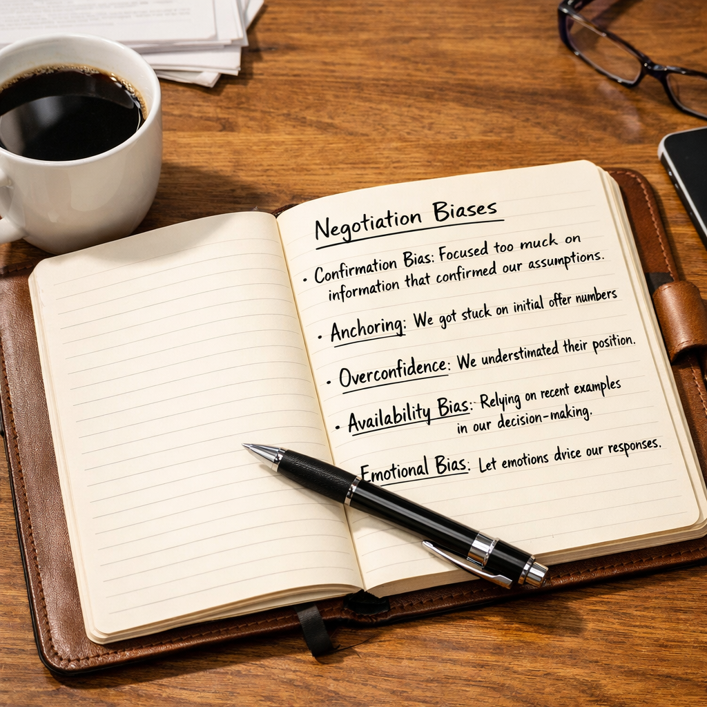 Journal with debrief notes about negotiation biases after a meeting.