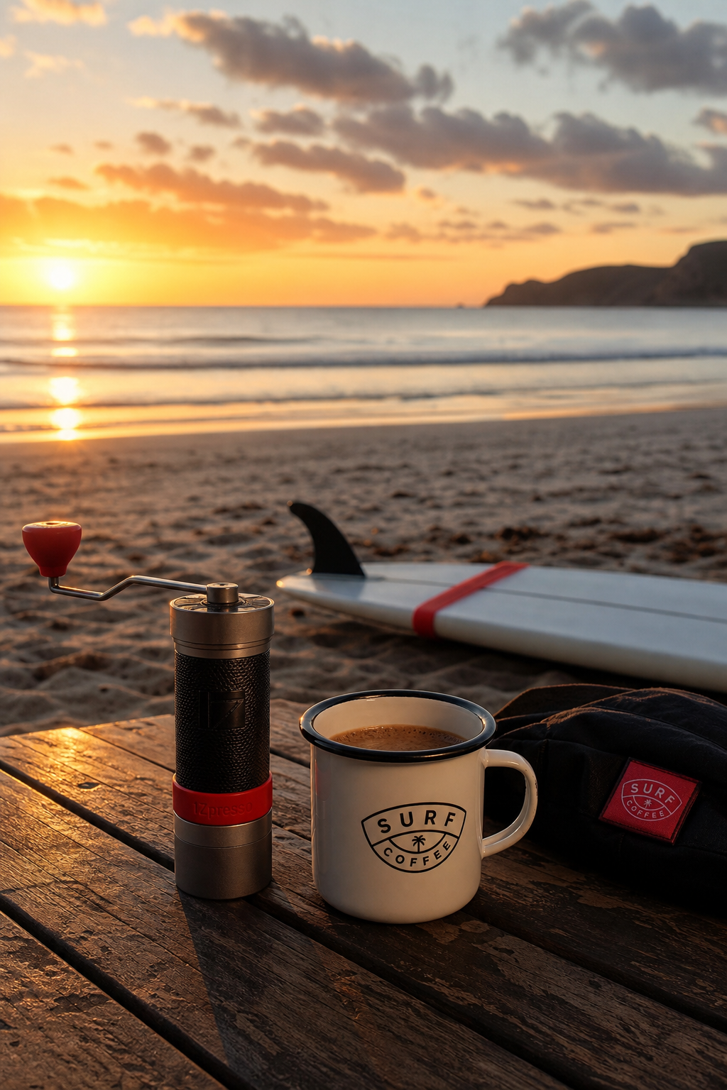 surf coffee grind sunrise.