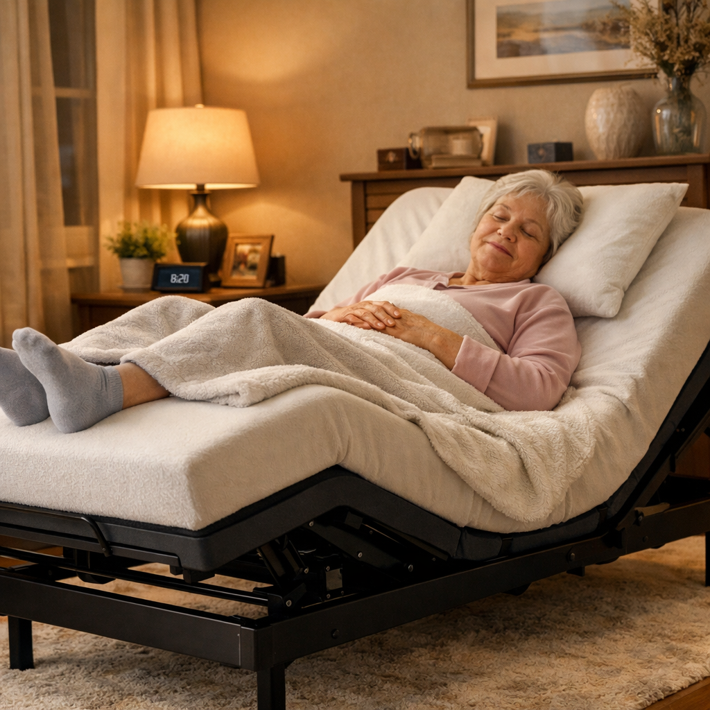 Elderly person sleeping in zero gravity position on adjustable bed for neuropathy relief Australia.