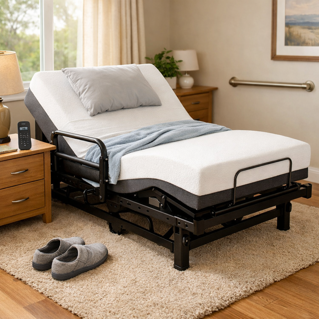 Adjustable bed setup for seniors with neuropathy in Australian bedroom with safety features.
