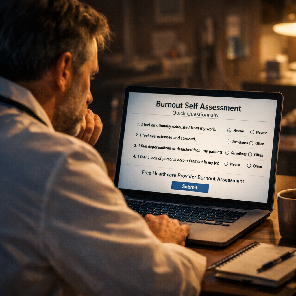 A cinematic style illustration of a clinician sitting at a desk, looking at a laptop screen displaying a short burnout q