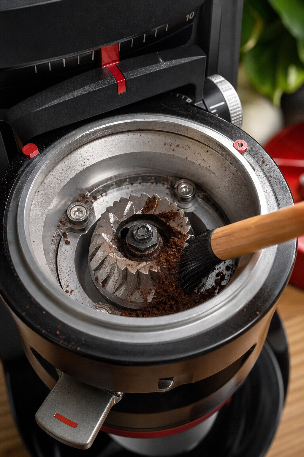 A realistic close‑up of a coffee grinder interior with brush cleaning the burrs and grind chamber, showing coffee ground