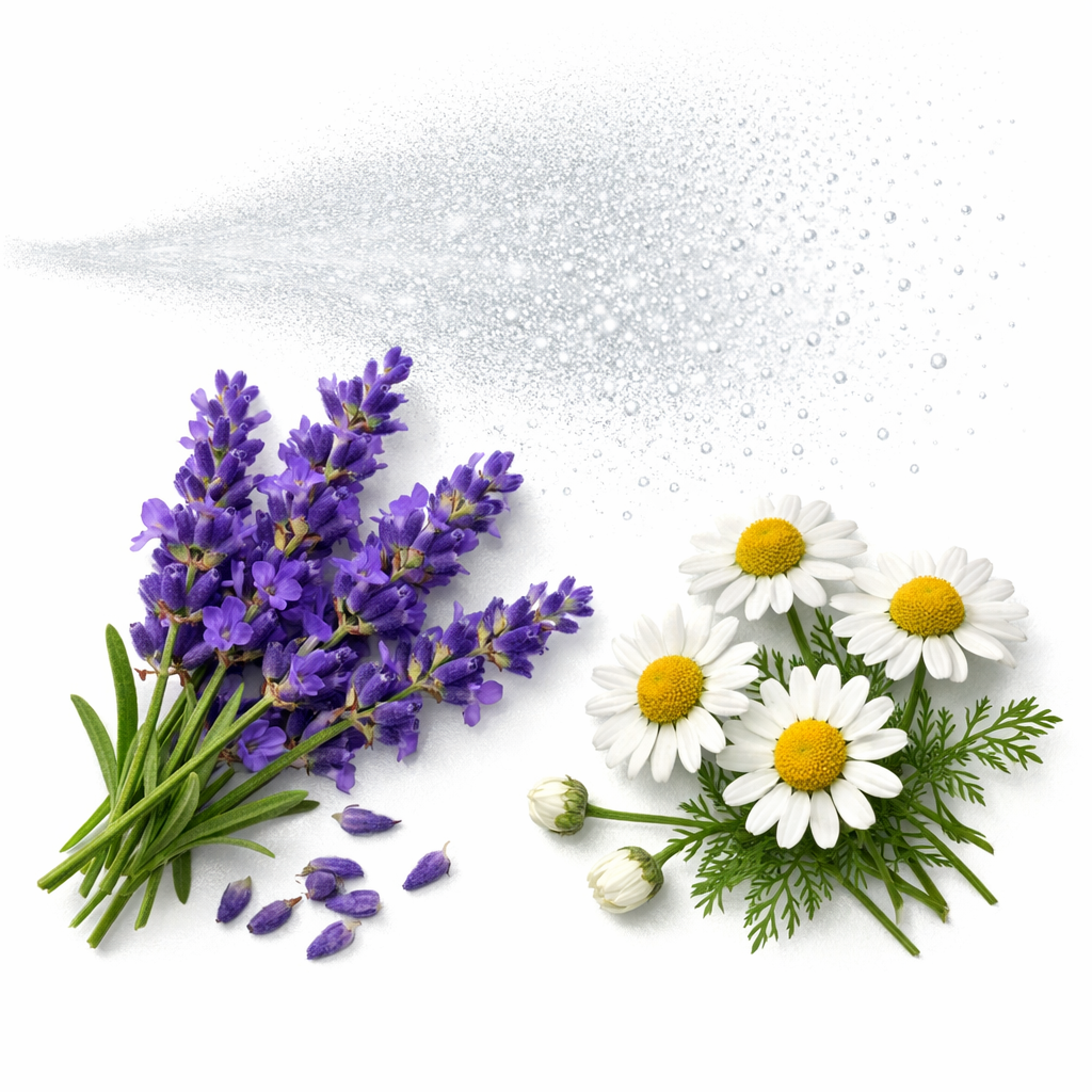 A realistic illustration of lavender buds, chamomile flowers, and a mist of spray droplets on a white background, alt: 