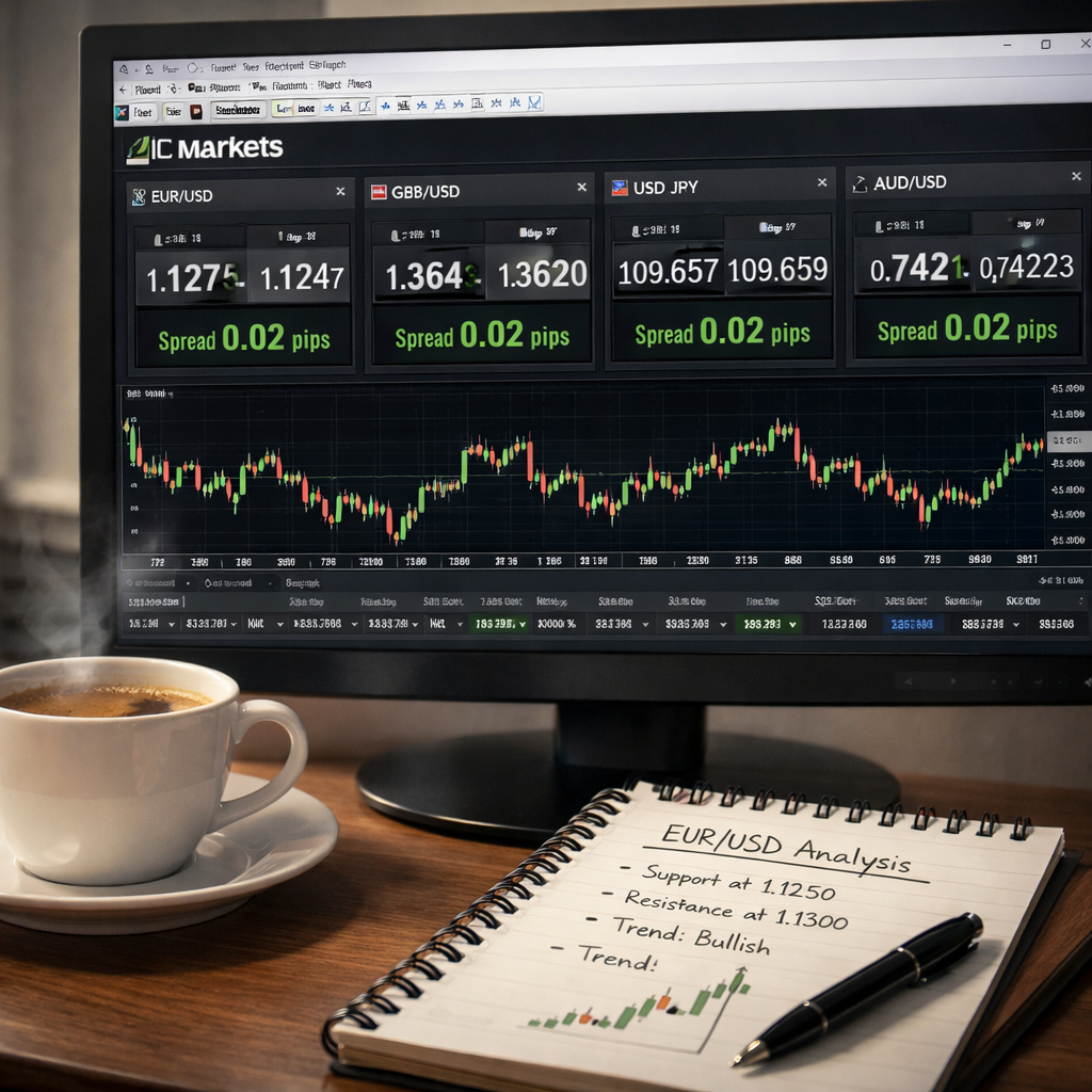 Forex trading platform IC Markets low spread 0.02 pips displayed on monitor.