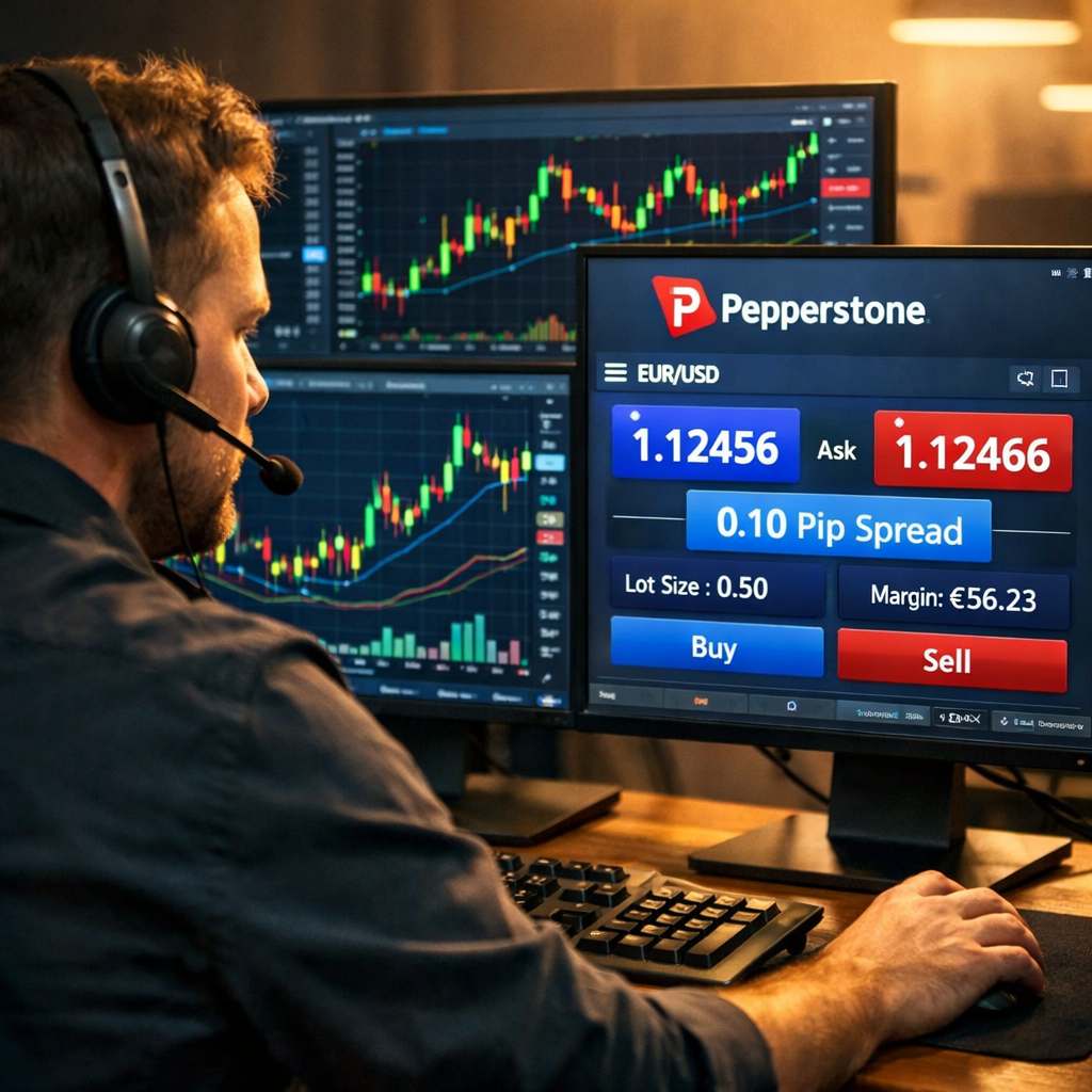 Scalper trader using Pepperstone with razor sharp 0.10 pip spread on multiple screens.