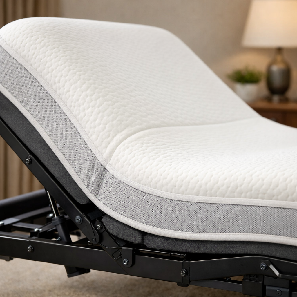memory foam mattress bending on adjustable bed frame for seniors.