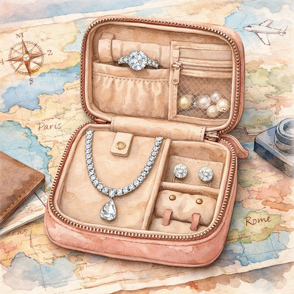 Diamond Veneer travel jewelry pieces organized for stylish packing.