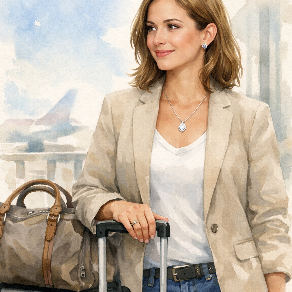 Woman styling a diamond veneer jewelry set for travel, featuring a pendant and stud earrings with a travel bag.