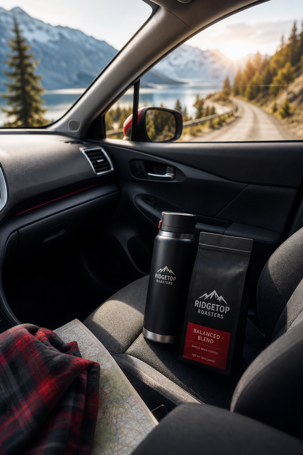 A scenic road trip with a coffee thermos and a bag of mixed beans on the passenger seat, alt: balanced coffee blend for