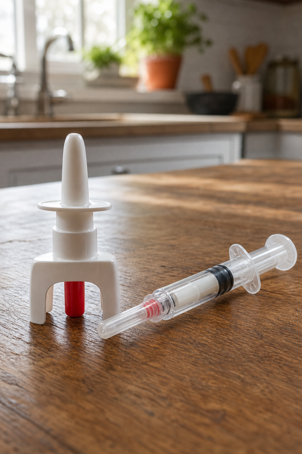 A realistic close‑up of a nasal spray naloxone device and a pre‑filled injectable syringe on a wooden kitchen counter, s