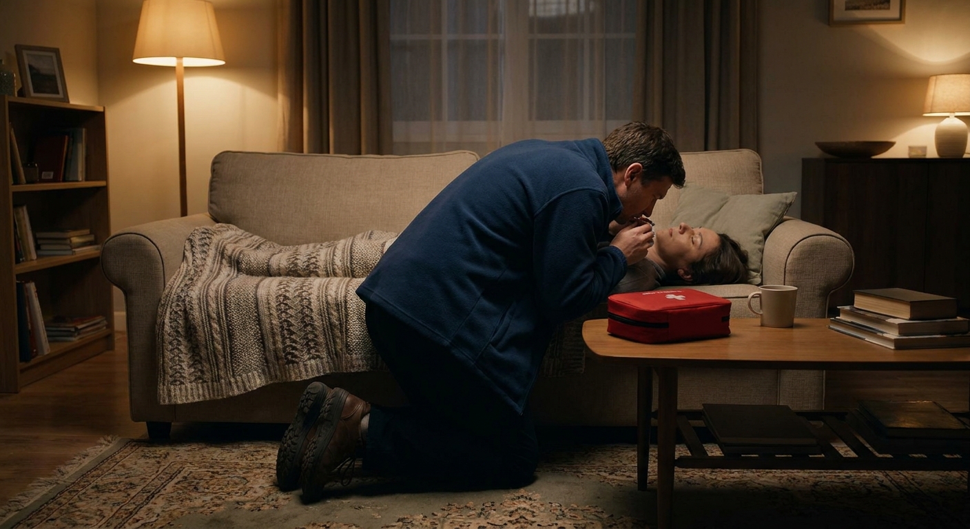 A realistic scene of a caregiver performing rescue breaths on a layperson lying on a couch, soft indoor lighting, detail