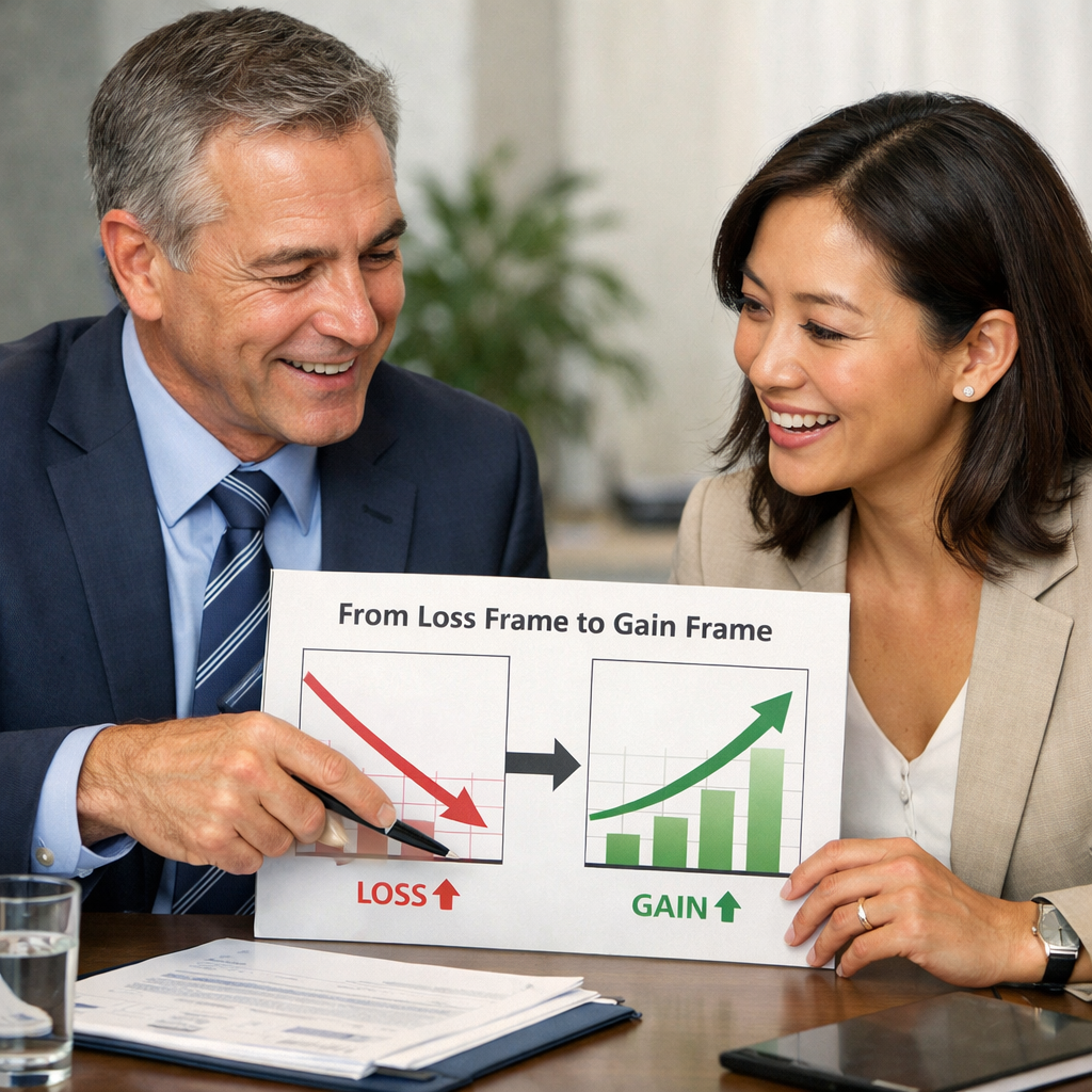 A realistic illustration of two businesspeople at a table, one pointing to a chart that shows a loss frame turned into a