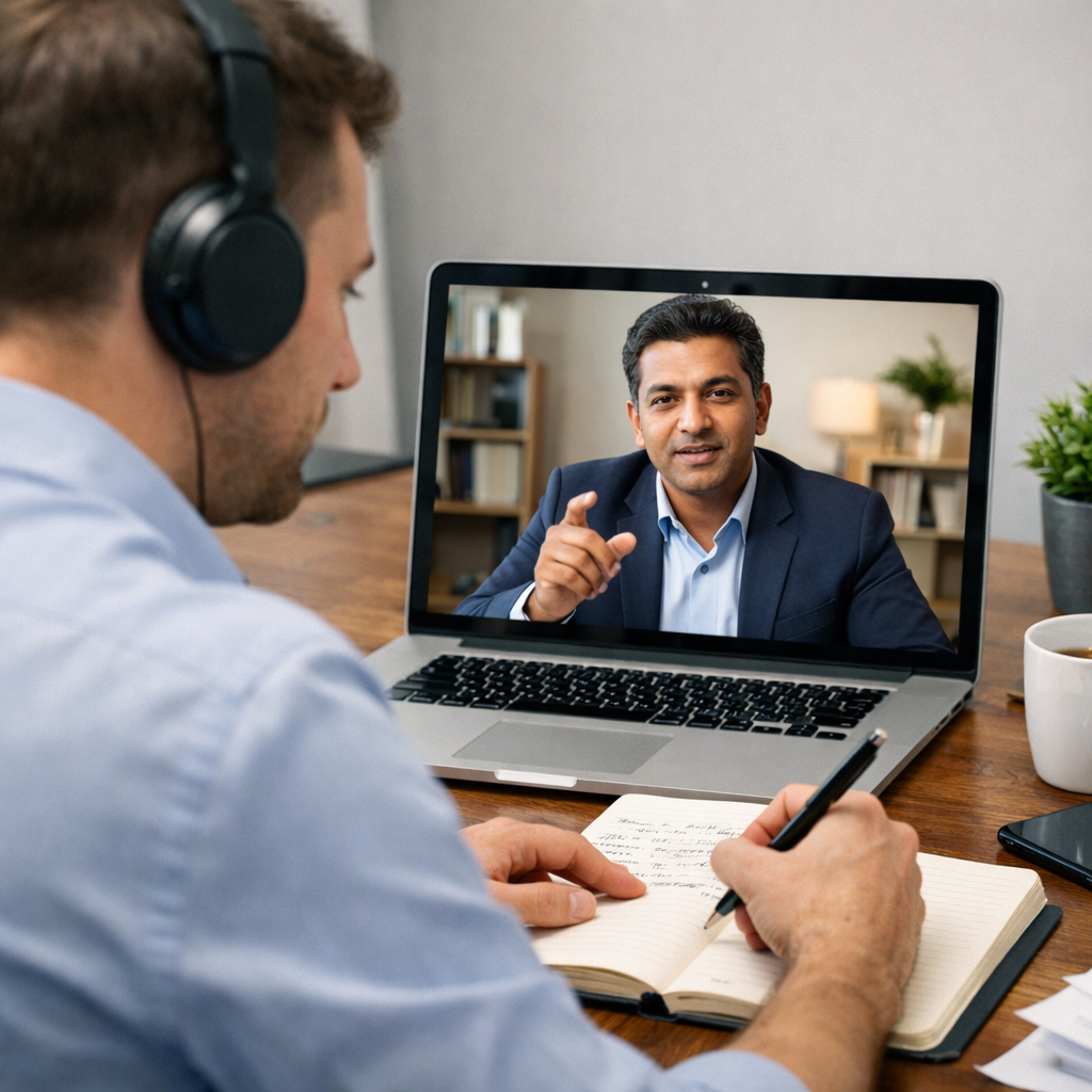 A realistic scene of two professionals in a video call, one actively taking notes while the other speaks, highlighting t