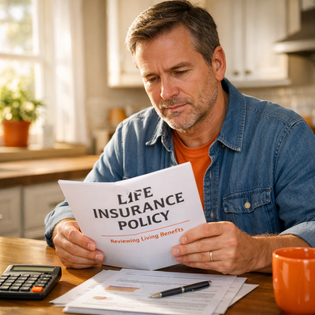 homeowner reviewing life insurance policy for living benefits eligibility