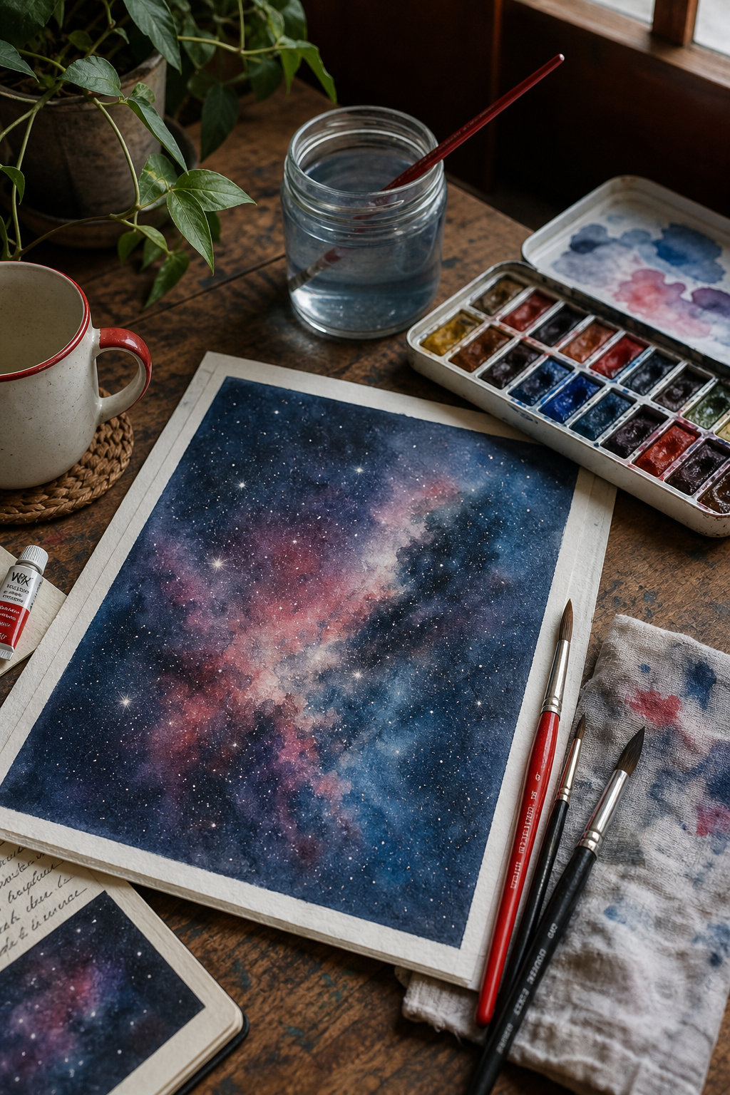 A realistic watercolor galaxy painting setup with brushes, palette, and paper on a wooden table, soft natural light