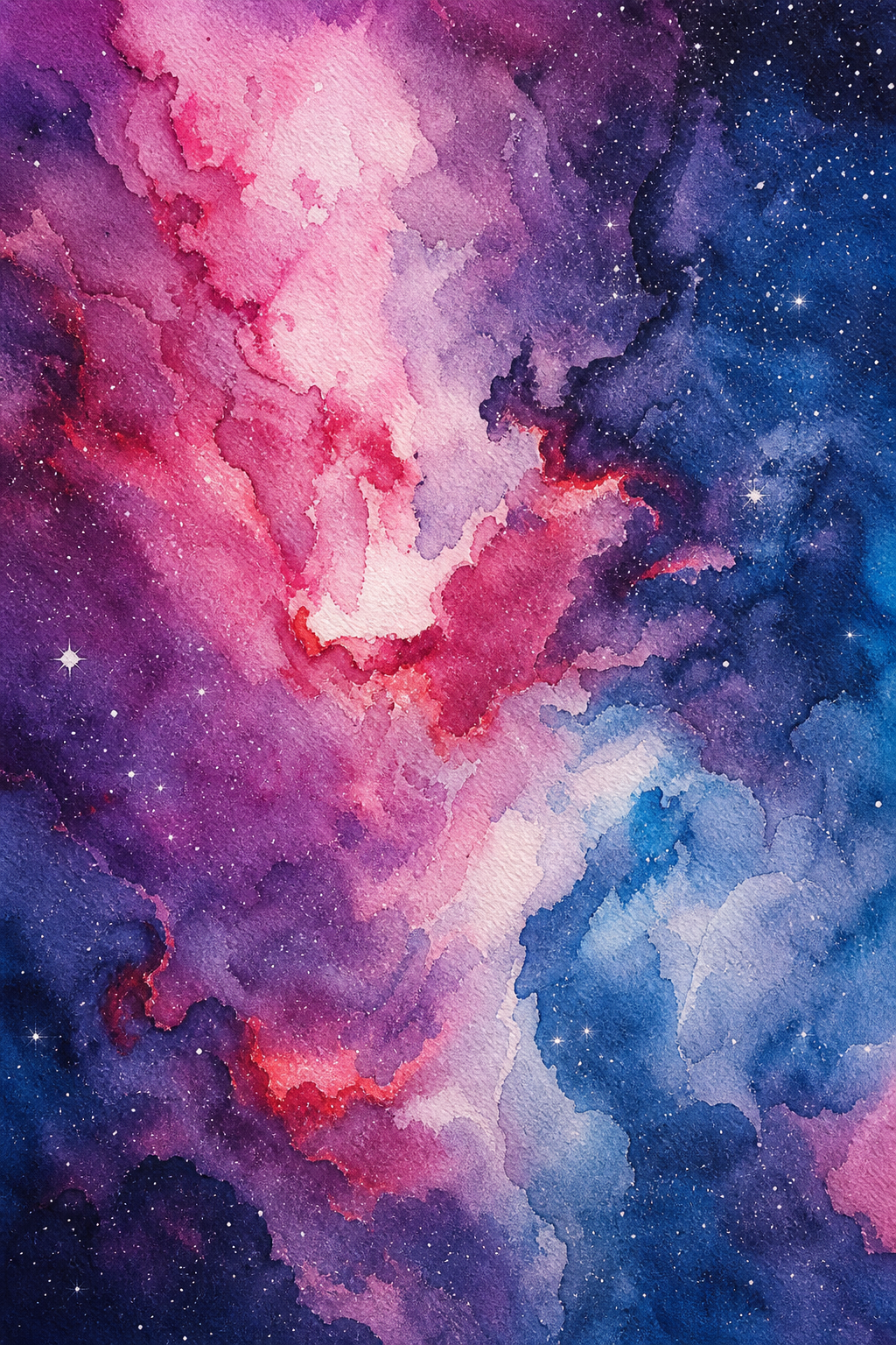 Close-up of a watercolor nebula blend with swirling pink, purple, and blue pigments on textured paper