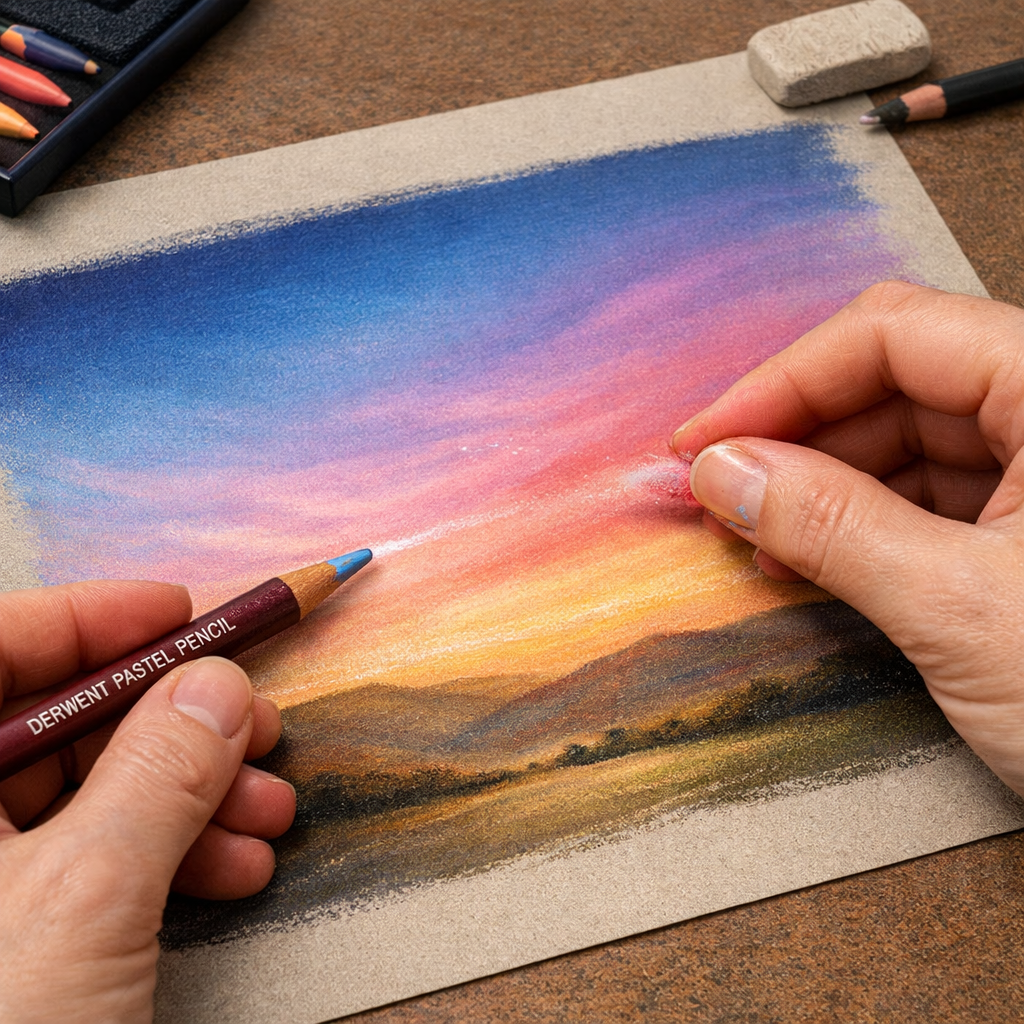 artist using Derwent pastel pencils on textured paper