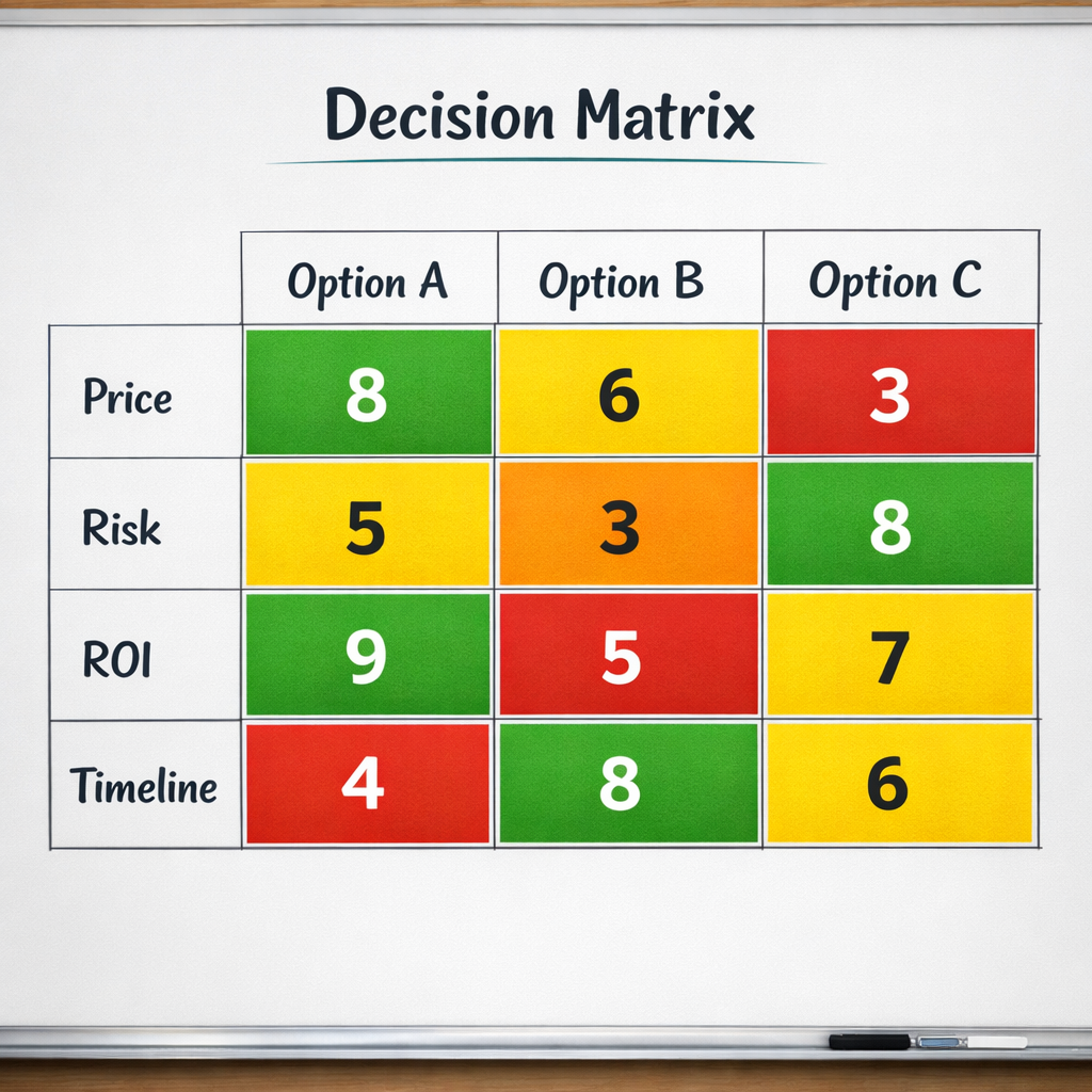 A clean decision‑matrix chart showing criteria (price, risk, ROI, timeline) on the left and three negotiation options ac