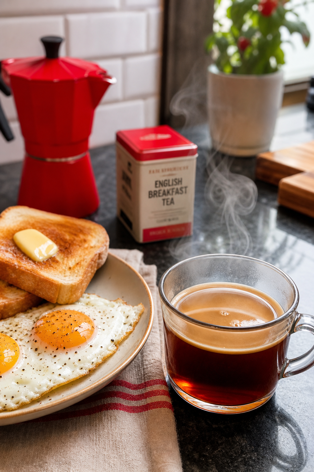 A realistic kitchen scene showing a steaming cup of dark espresso mixed with amber English Breakfast tea, a plate of but