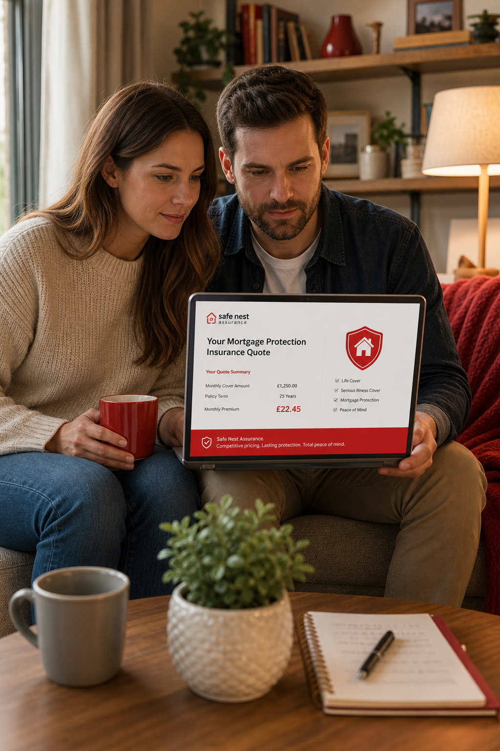 A realistic illustration of a couple reviewing an online insurance quote on a laptop in a living room, warm lighting, al