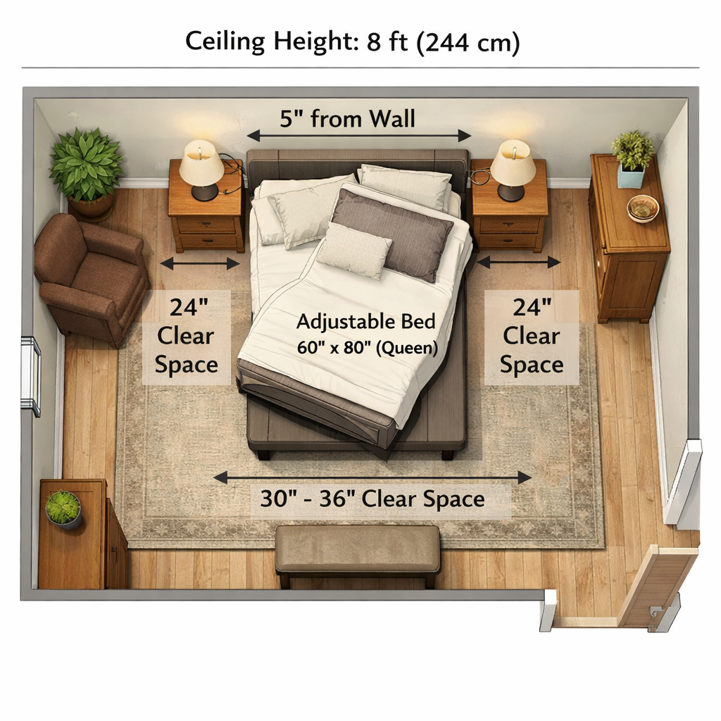 bedroom layout with adjustable bed dimensions