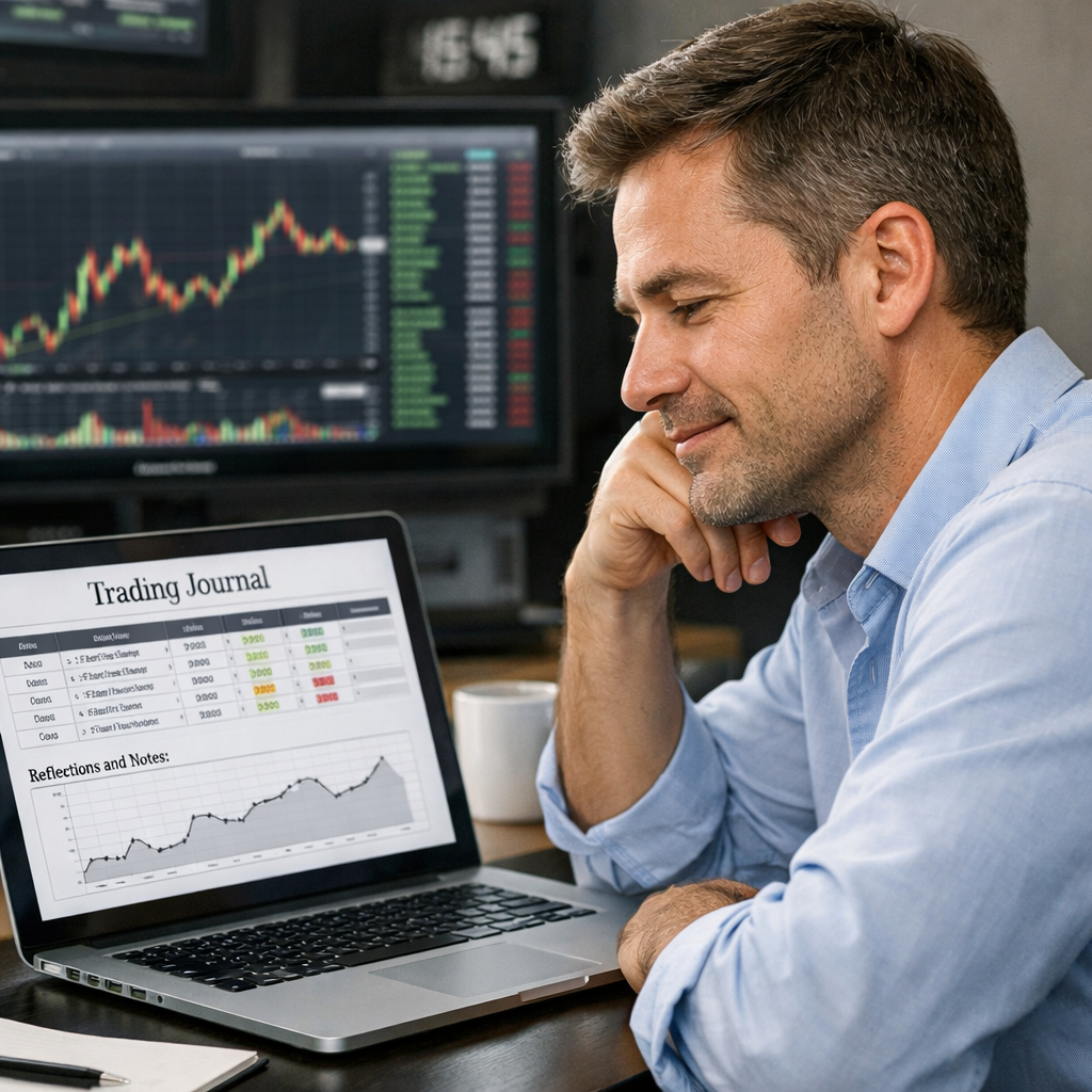 trader managing emotions while reviewing journal