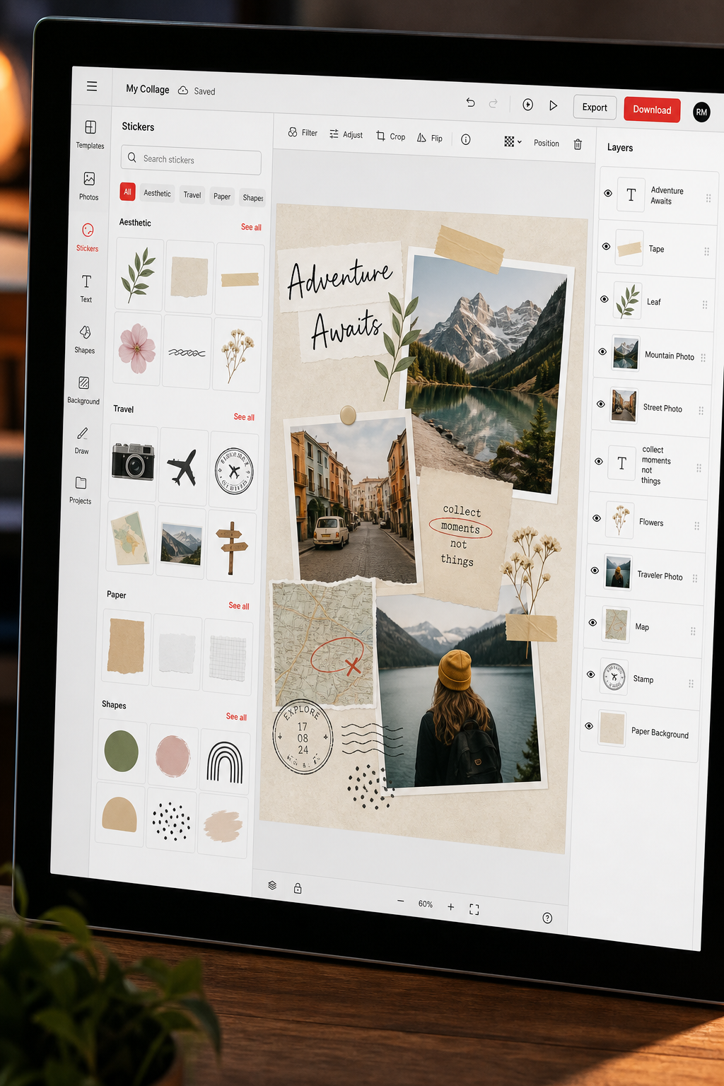digital collage software interface with layers and stickers