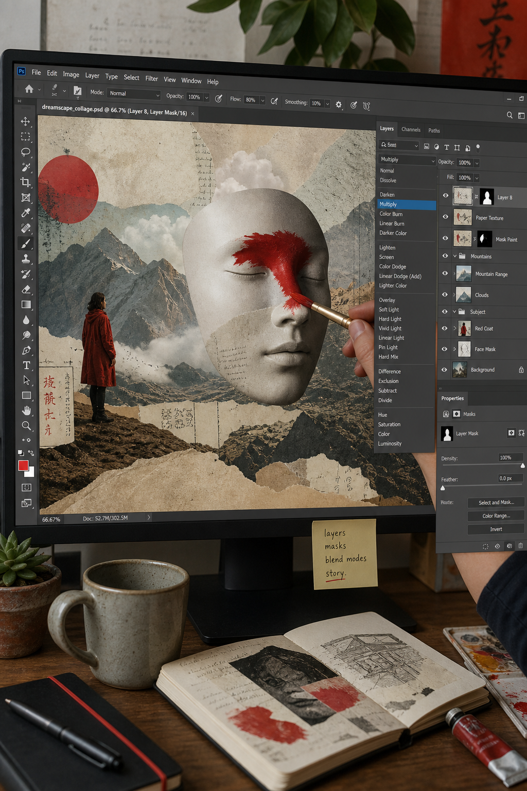 digital collage editor with layer panel and mask brush