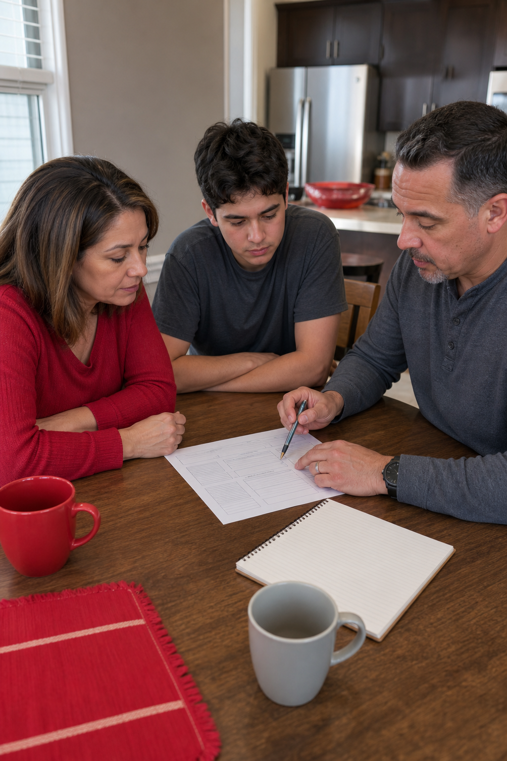 A realistic scene of a family gathered around a kitchen table, reviewing a printed overdose response plan with a noteboo