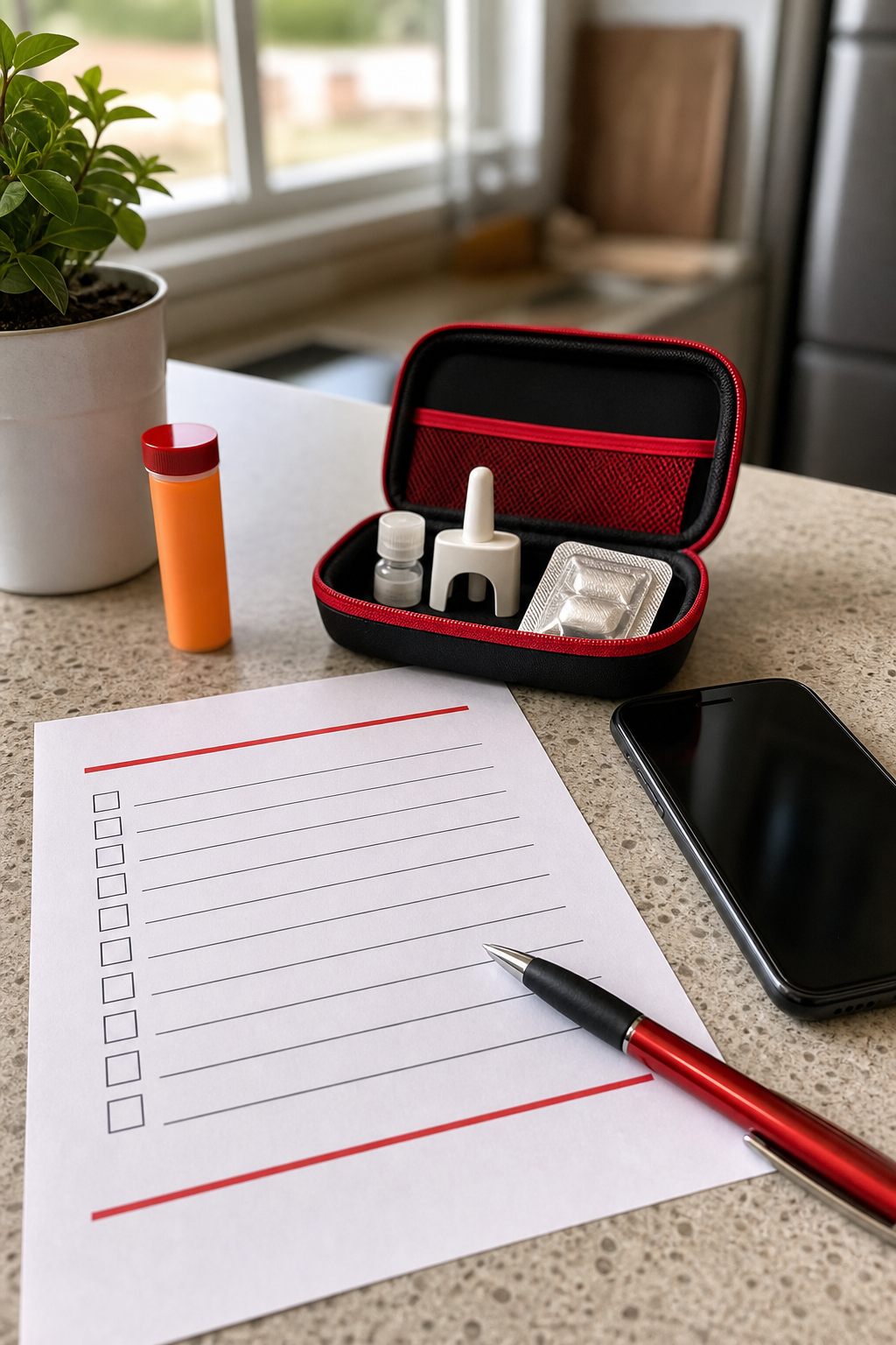 A realistic close‑up of a kitchen counter with a printed overdose checklist, a naloxone kit, and a phone ready to dial 9