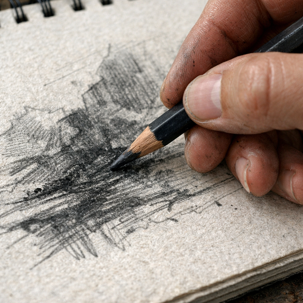 Sketching on rough paper with soft graphite.
