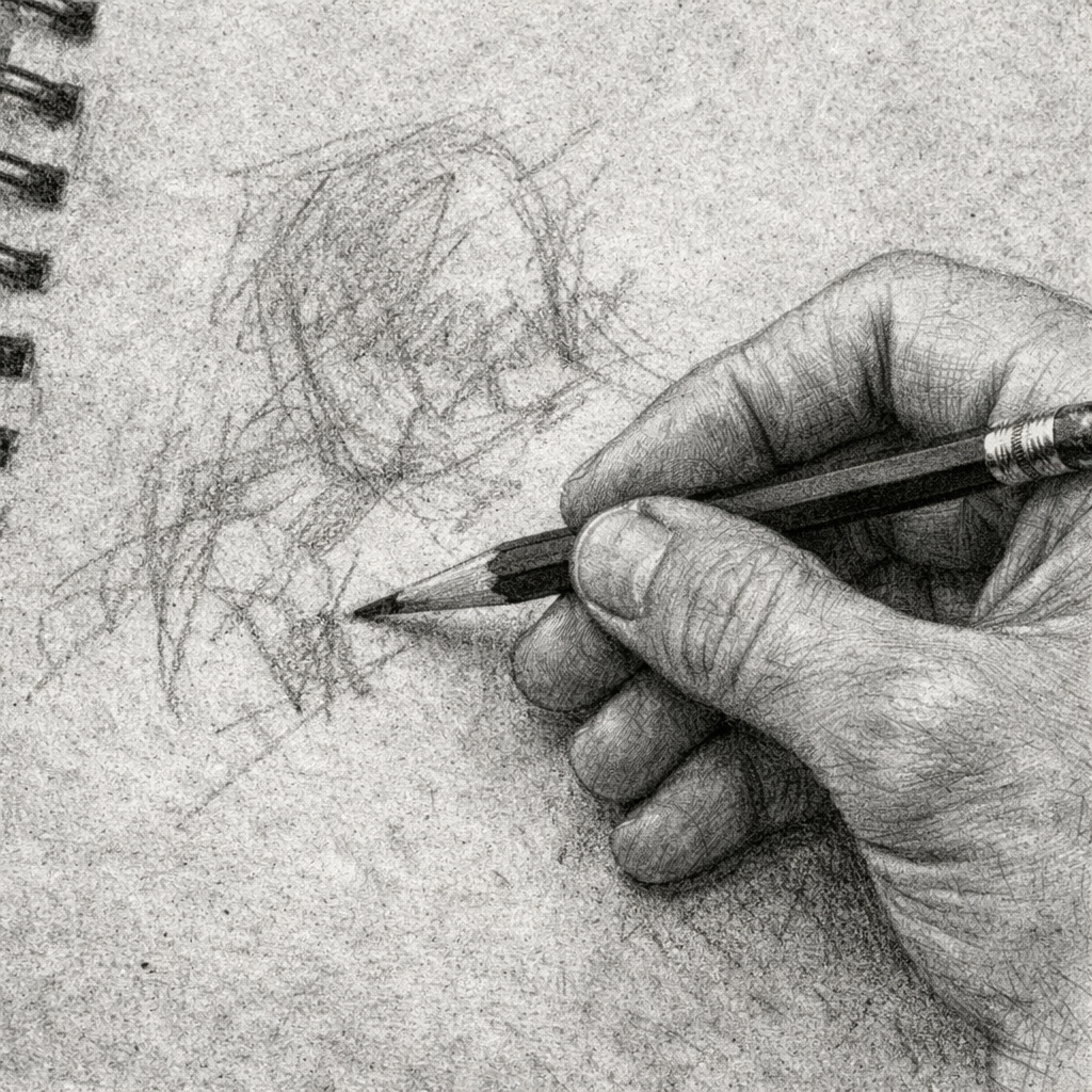 Budget pencil being used on rough sketch paper.