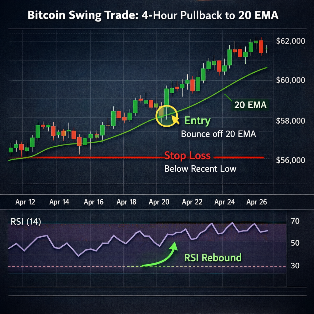 Bitcoin swing‑trade entry using EMA and RSI