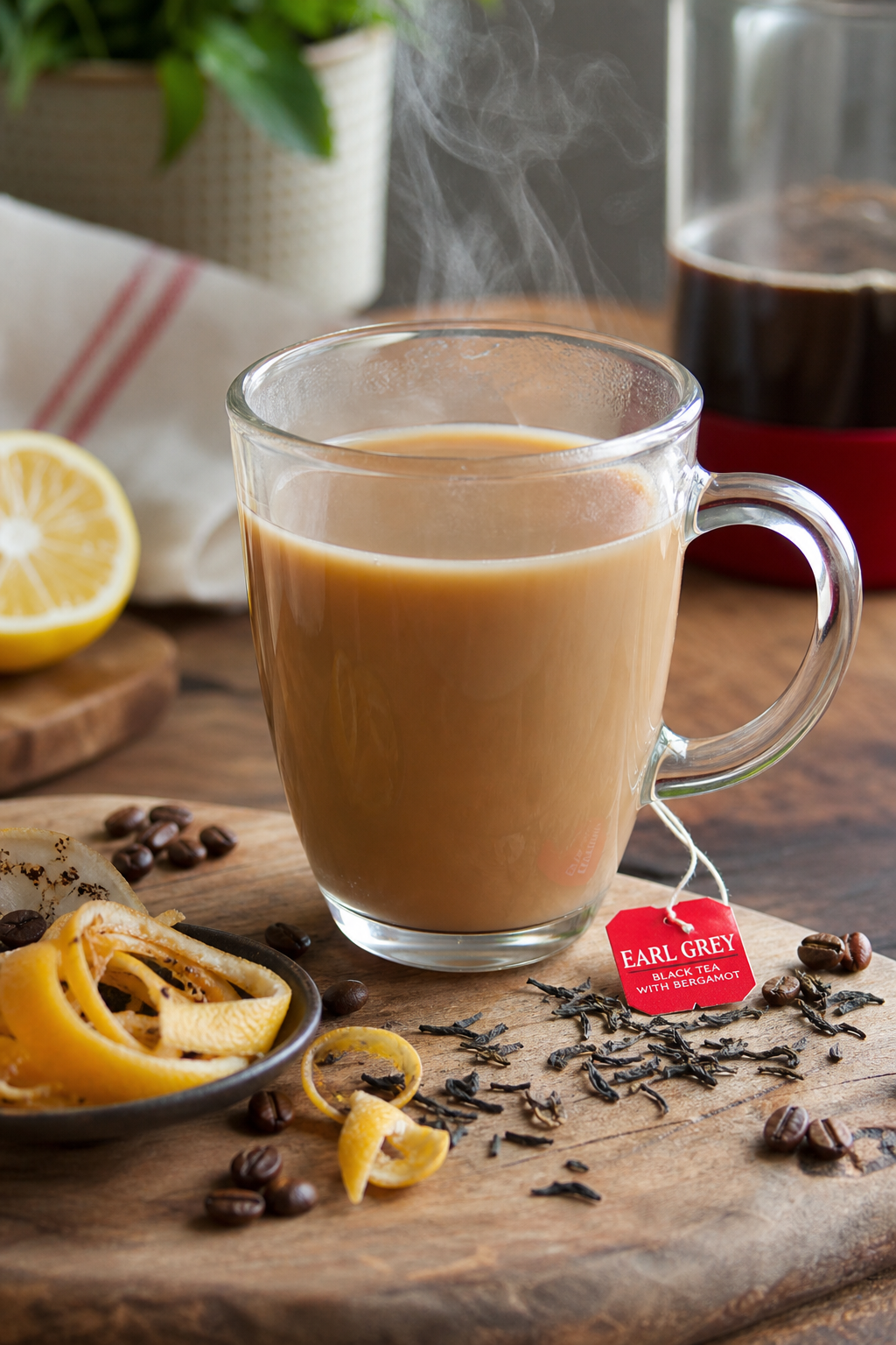 Realistic close‑up of a clear glass mug with light coffee and Earl Grey tea, steam rising, citrus peel and coffee beans 