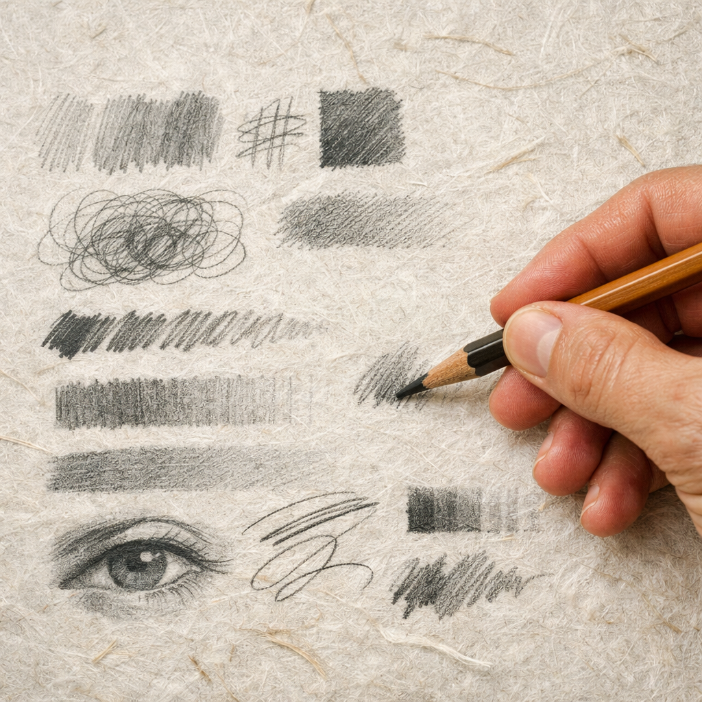 A realistic illustration of a hand holding a pencil over a sheet of mulberry paper, showing graphite marks and texture,