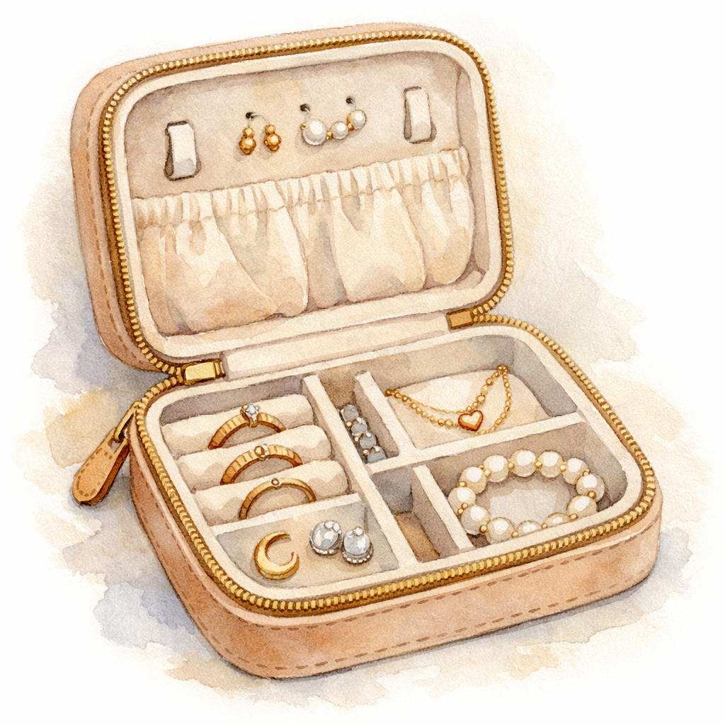 Watercolor illustration of a minimalist leather travel jewelry case with soft interior compartments, alt: 
