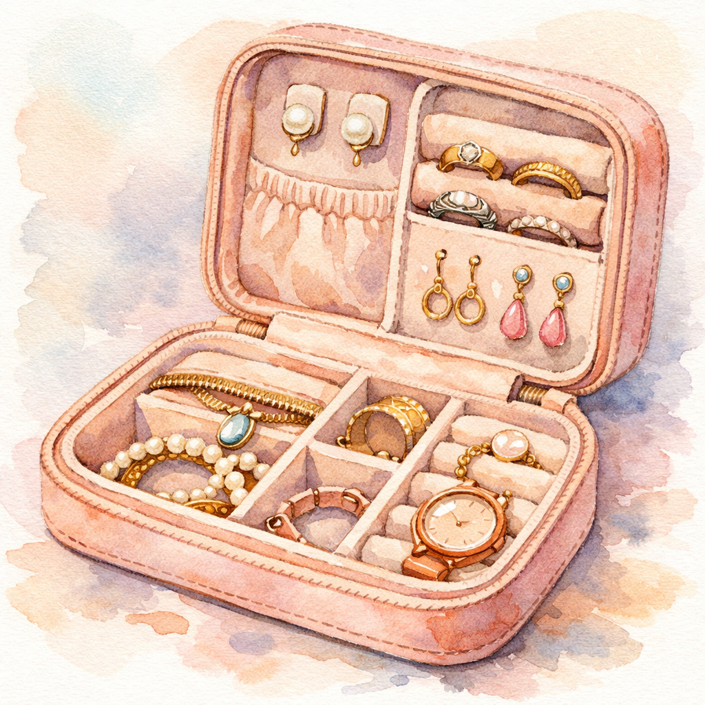 Watercolor illustration of a PU leather travel jewelry organizer with padded compartments, alt: 