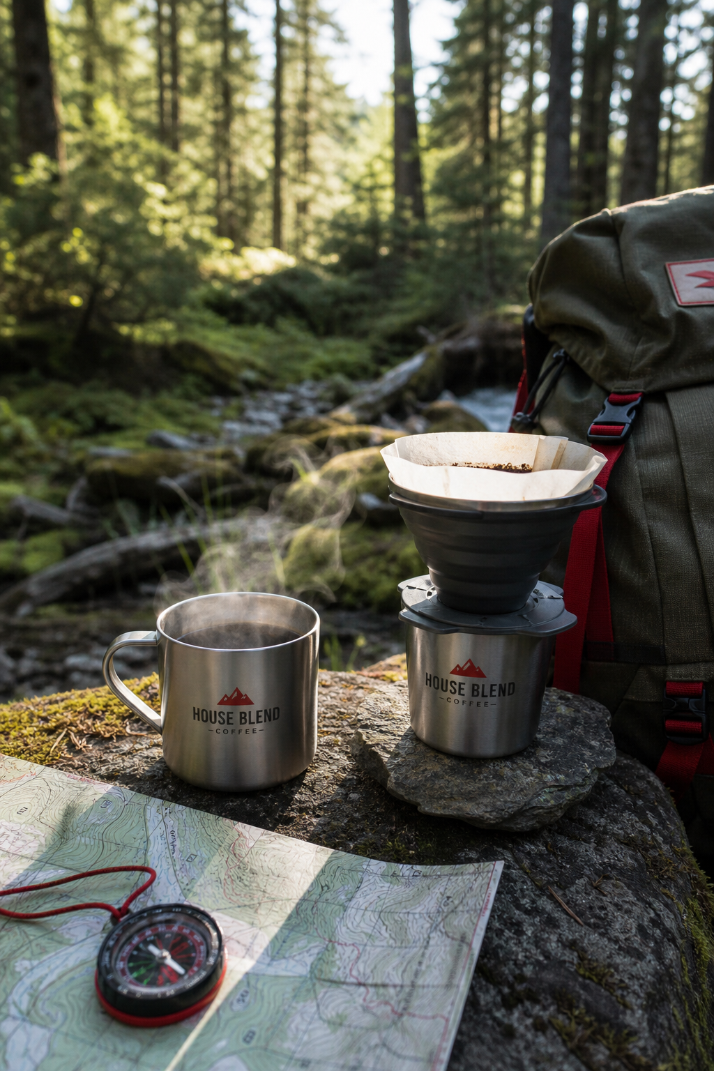 A realistic forest clearing with a lightweight coffee dripper set on a rock, a steaming cup beside a map and compass, Re