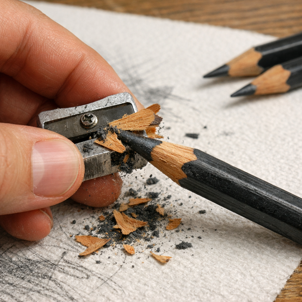 A realistic close‑up of a hand sharpening a graphite pencil on a textured sketchpad, showing wood grain and lead tip, al