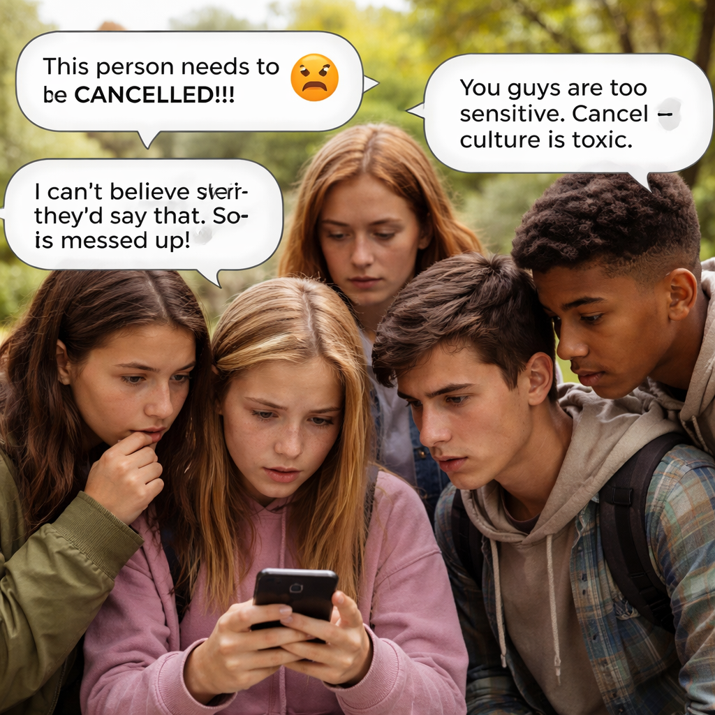 teen group discussing cancel culture on social media