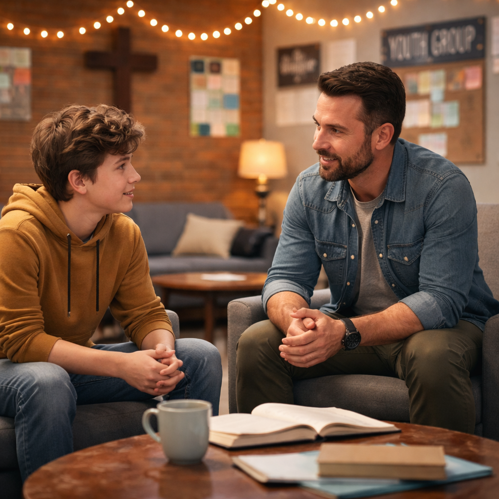 Christian youth seeking counsel in a church setting.