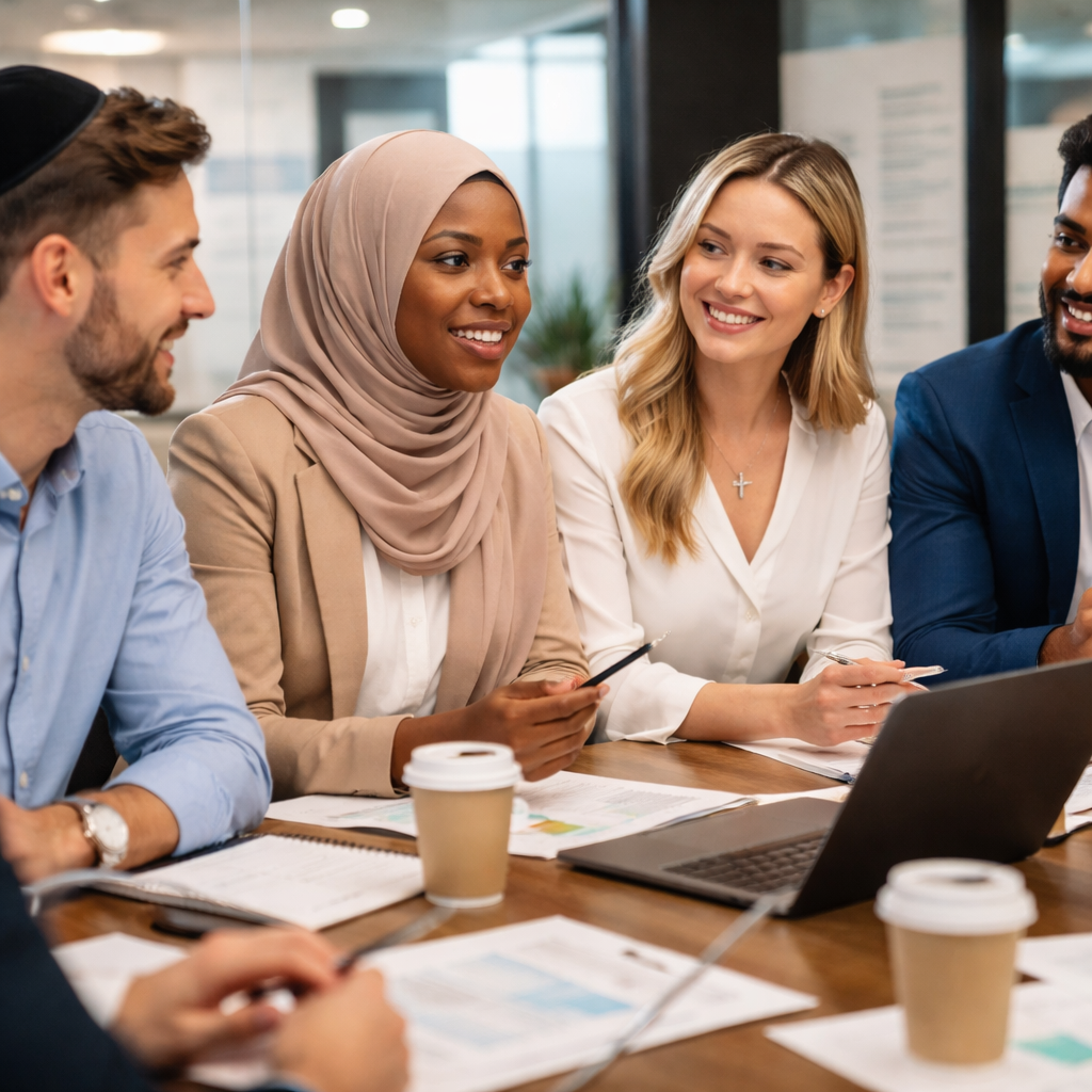 Religious professionals discussing career choices and faith-based decision making in workplace setting.