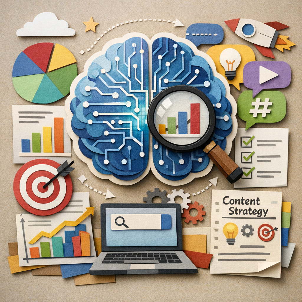 A papercraft style illustration of a digital brain analyzing content topics, alt: market research and AI content plannin