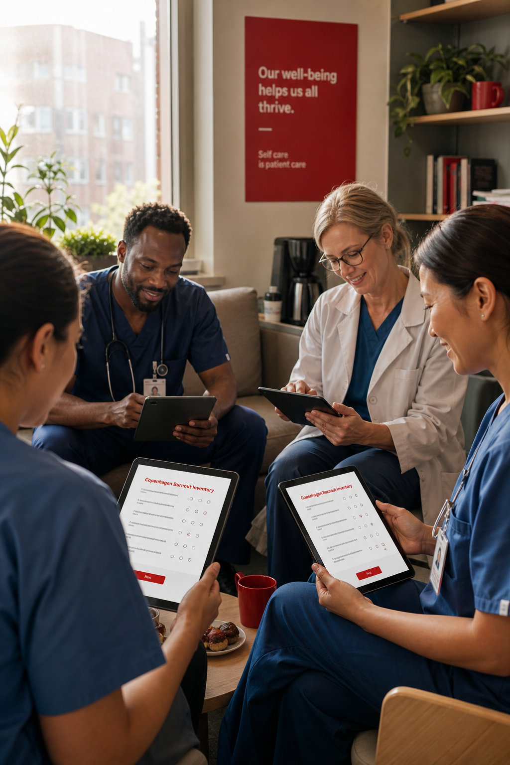 Copenhagen Burnout Inventory questionnaire being completed on tablets