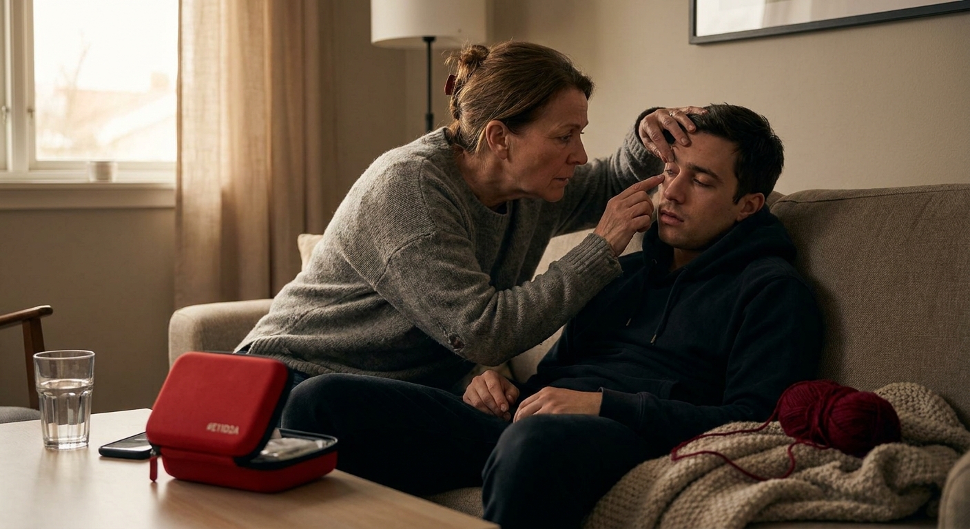 A realistic scene of a family member checking a loved one's breathing and pupils, focusing on facial expression and ligh