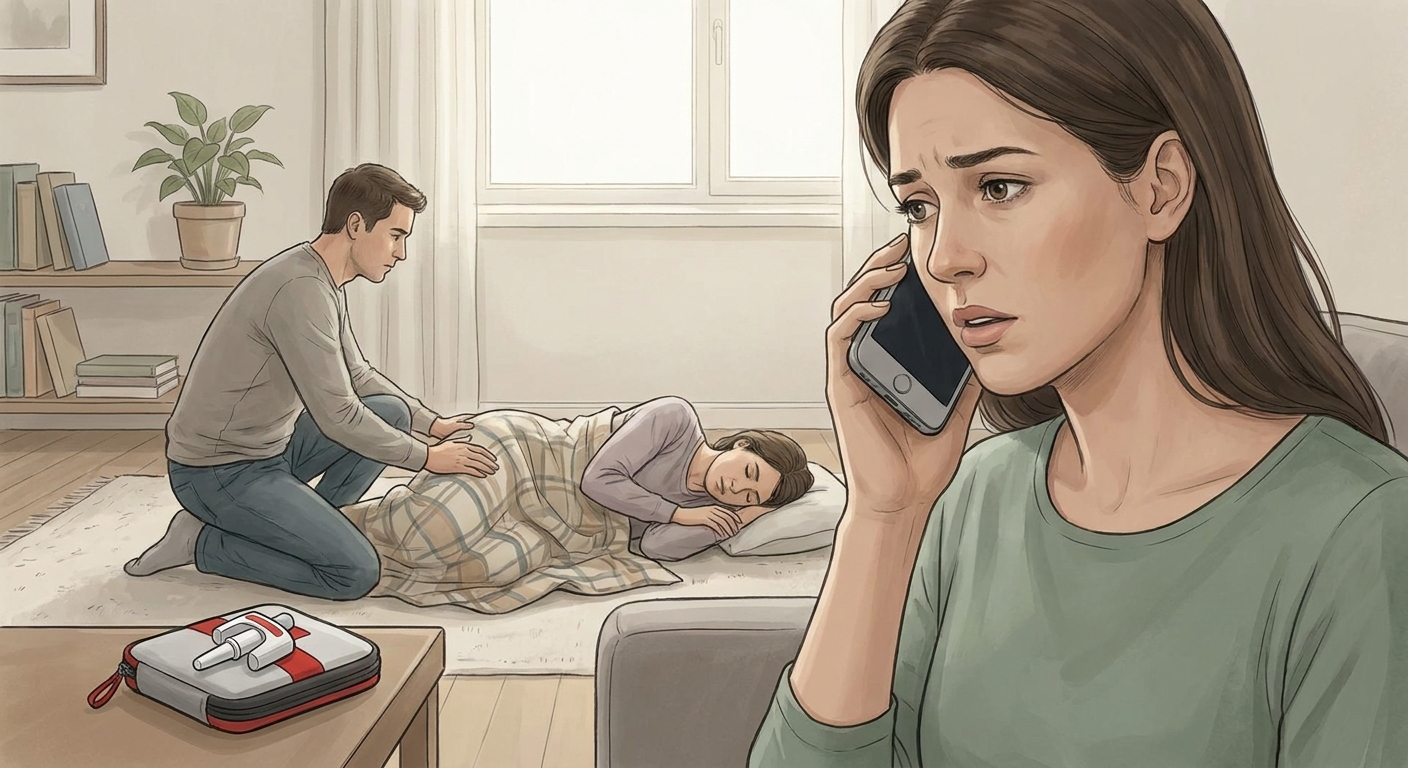 A realistic illustration of a family member on a phone calling 911 while another watches a loved one lying on their side