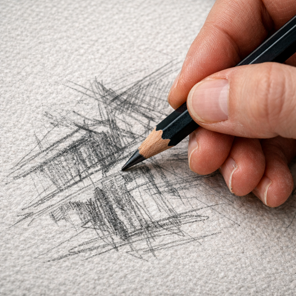 sketching on rough textured paper with graphite pencil