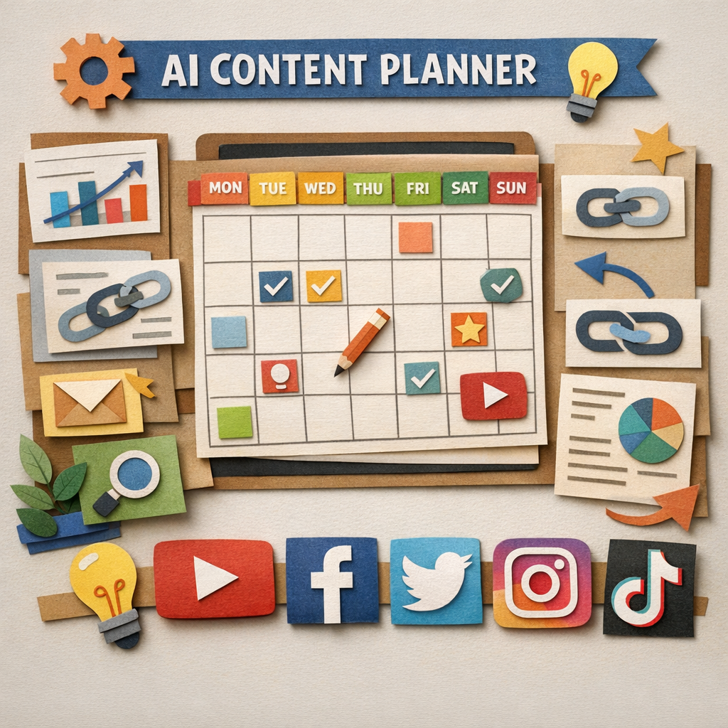 A papercraft style illustration of a digital dashboard with calendar grids, backlink icons, and social media logos, alt=