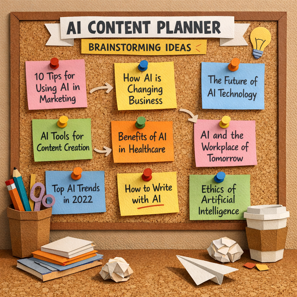 A papercraft style scene showing a brainstorming board with sticky notes labeled with AI‑generated blog ideas, alt=