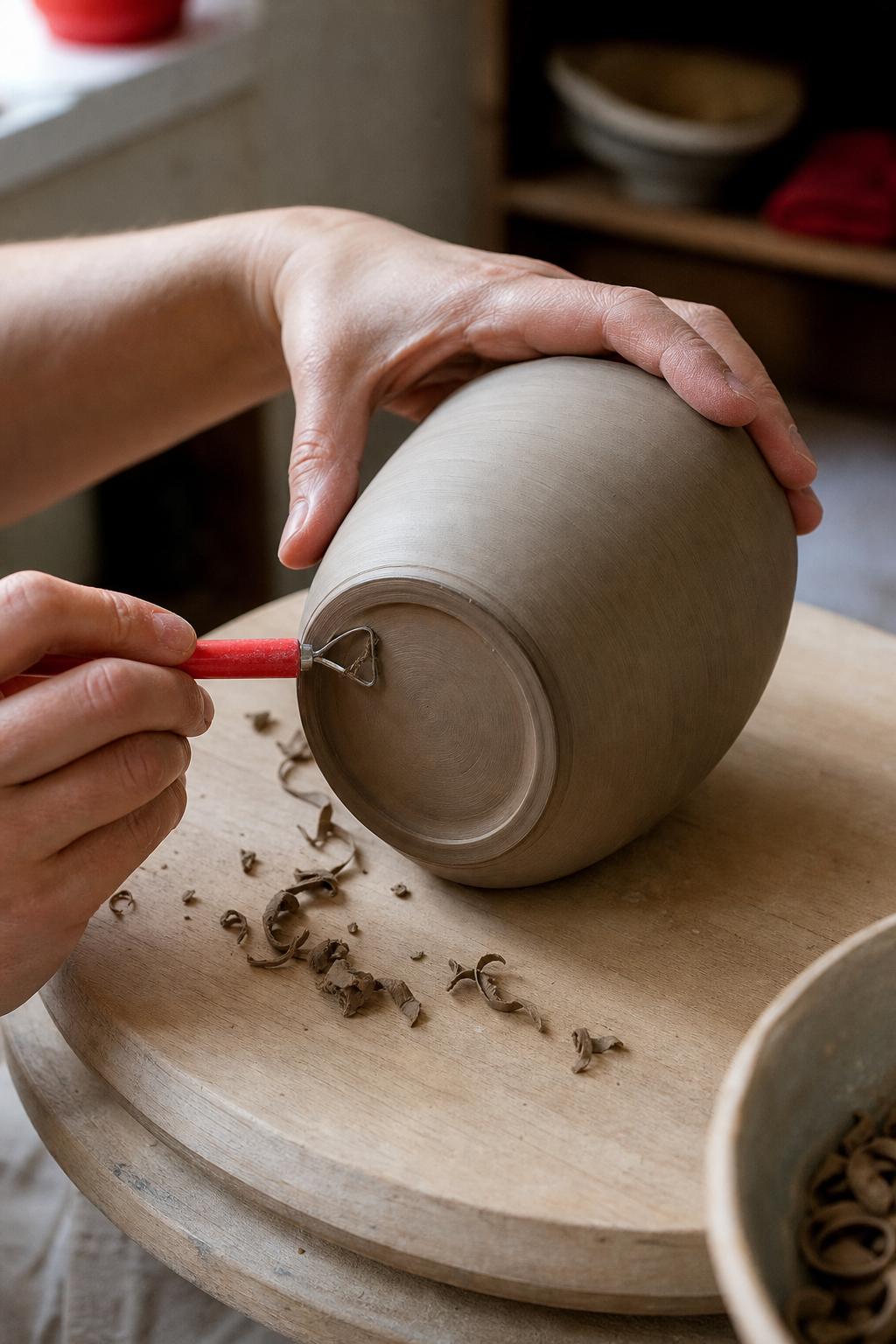 trimming and finishing a virtual pottery piece in a home studio